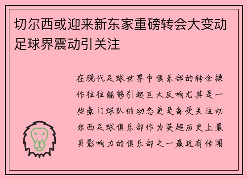 切尔西或迎来新东家重磅转会大变动足球界震动引关注