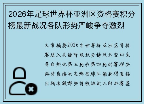 2026年足球世界杯亚洲区资格赛积分榜最新战况各队形势严峻争夺激烈 2026年足球世界杯亚洲区资格赛积分榜最新战况各队形势严峻争夺激烈