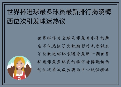 世界杯进球最多球员最新排行揭晓梅西位次引发球迷热议